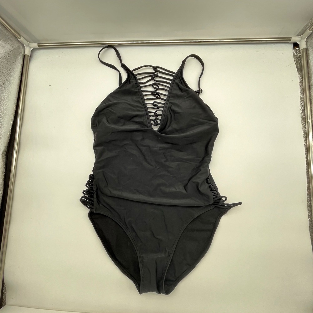 No Boundaries Black Strappy Cage One Piece Swimsuit Large 11-13 Adjustable Strap